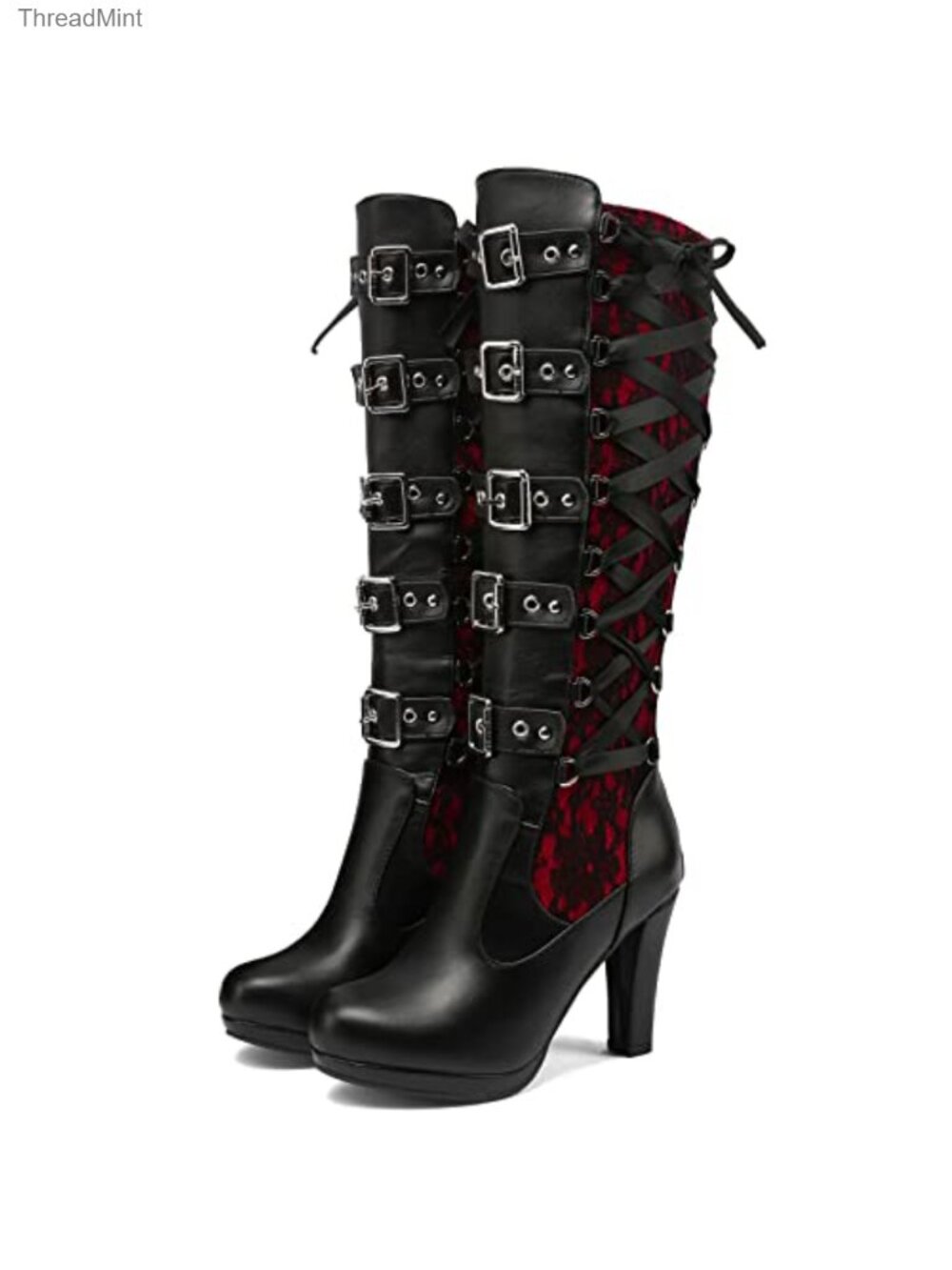 Goth Knee High Lace Up Boots Buckle Block Heel Closed Toe